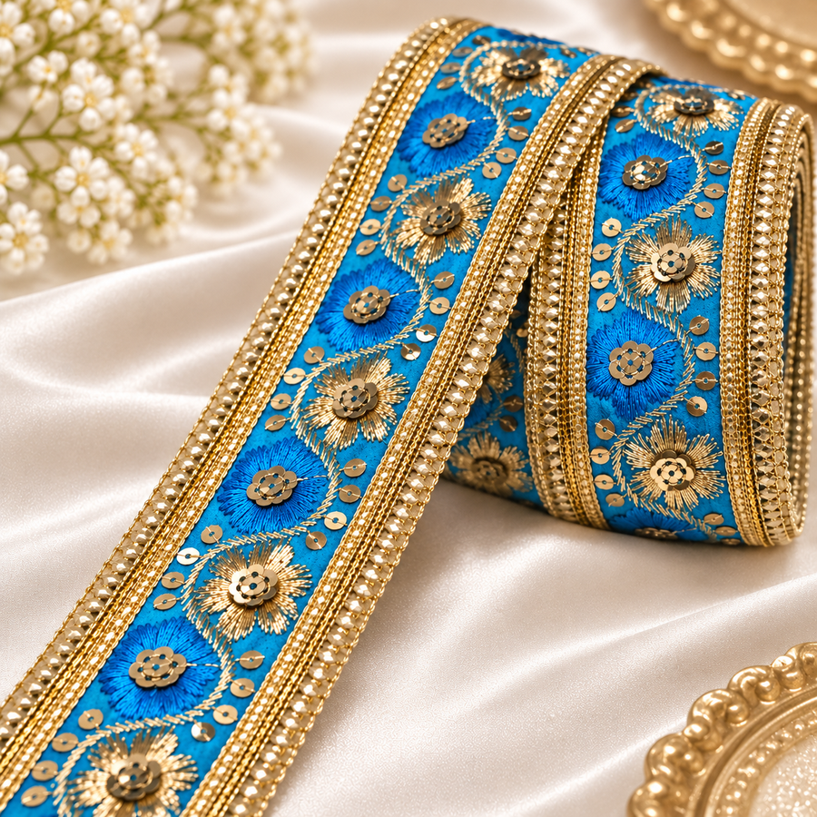 Premium Royal Blue & Gold Floral Embroidery Designer Lace Border with Sequin Work for Saree, Blouse, Lehenga, Dupatta & Bridal Wear – 9 Meter Roll