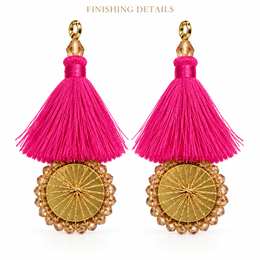 Rani Pink Thread Tassel Latkan with Golden Round Beaded Design for Blouse & Lehenga – 6 Pairs (12 Pieces)
