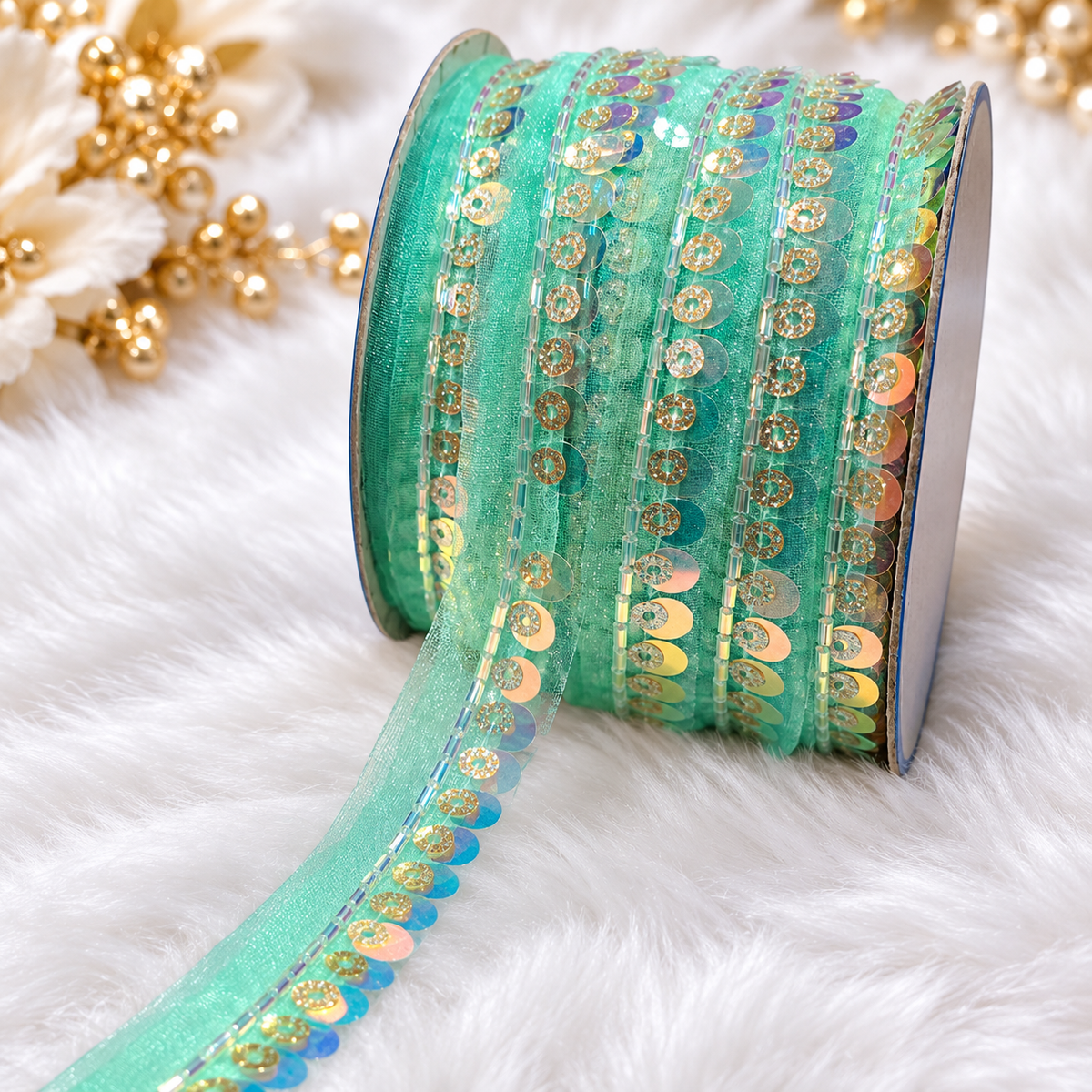 Mint Green Sequin & Bead Work Lace Border for Saree, Blouse & Dupatta – Pack of 3 Rolls, 9 Meters Each