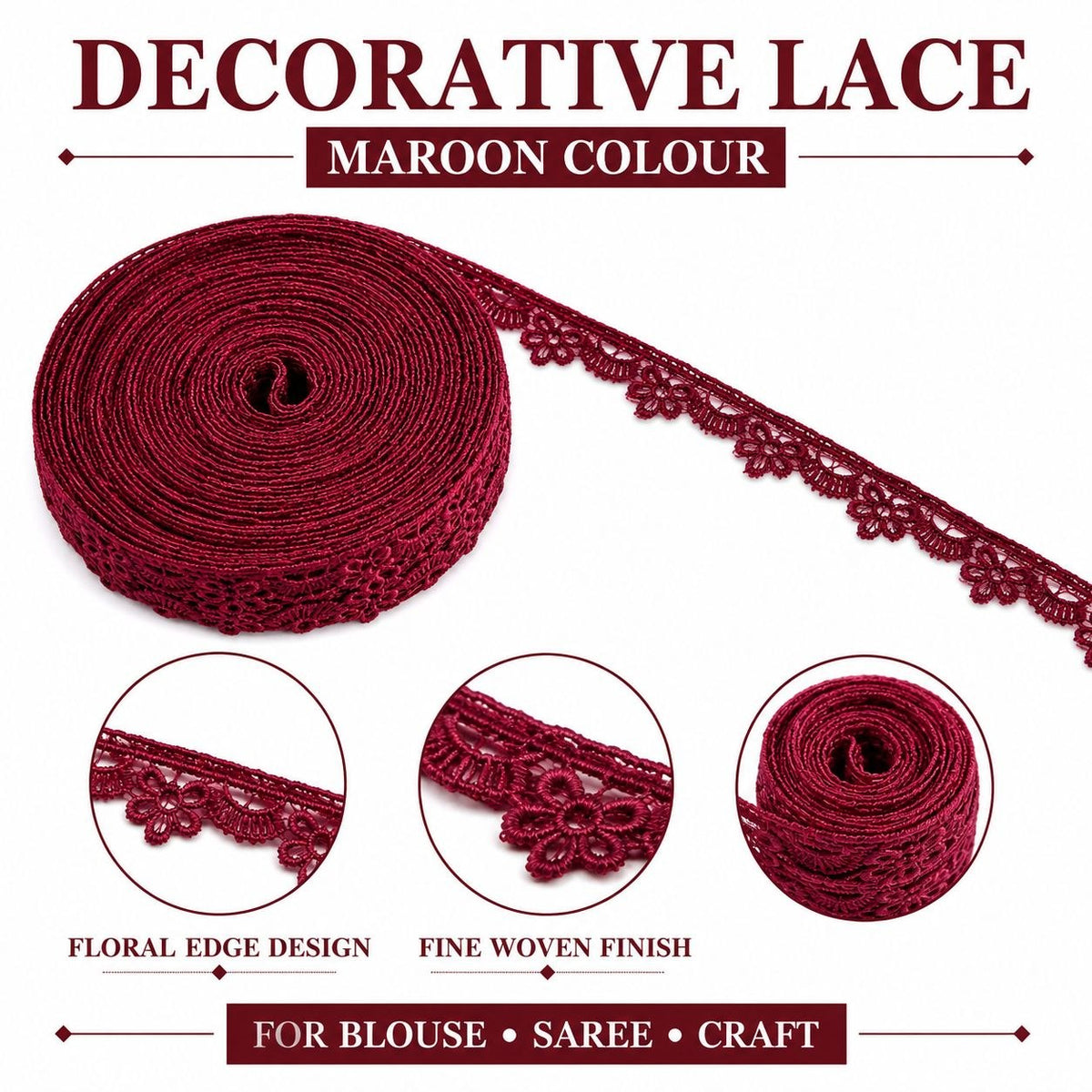 Maroon Floral Decorative Lace Trim for Blouse, Saree, Kurti & Craft | Designer Crochet Border Lace