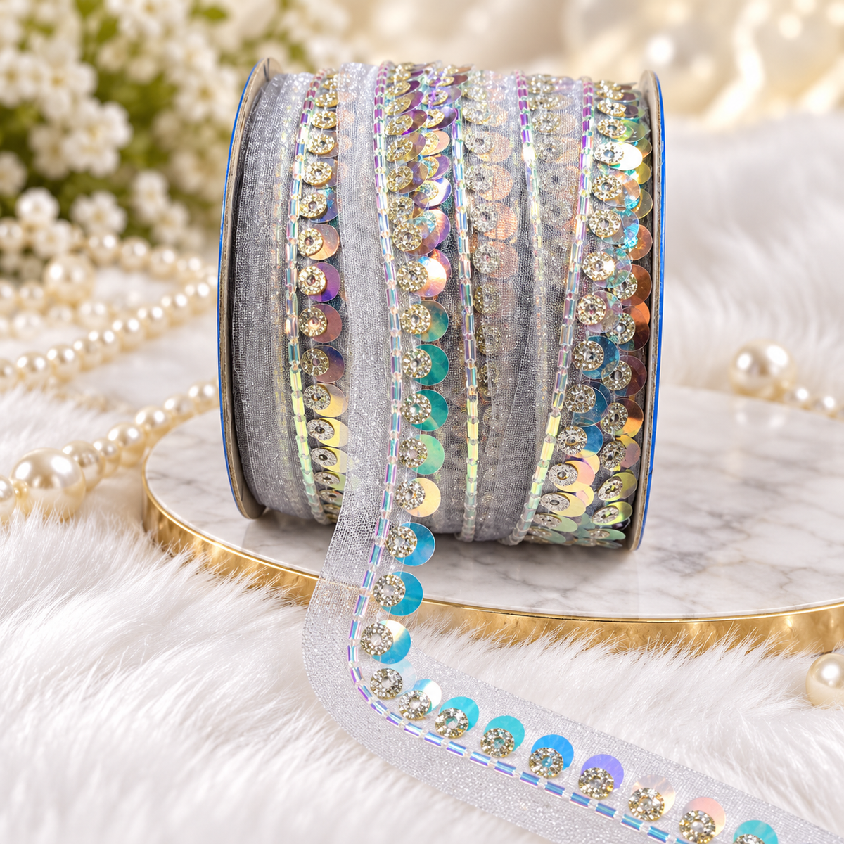 Silver Iridescent Sequin & Bead Work Lace Border for Saree, Blouse & Dupatta – Pack of 3 Rolls, 9 Meters Each