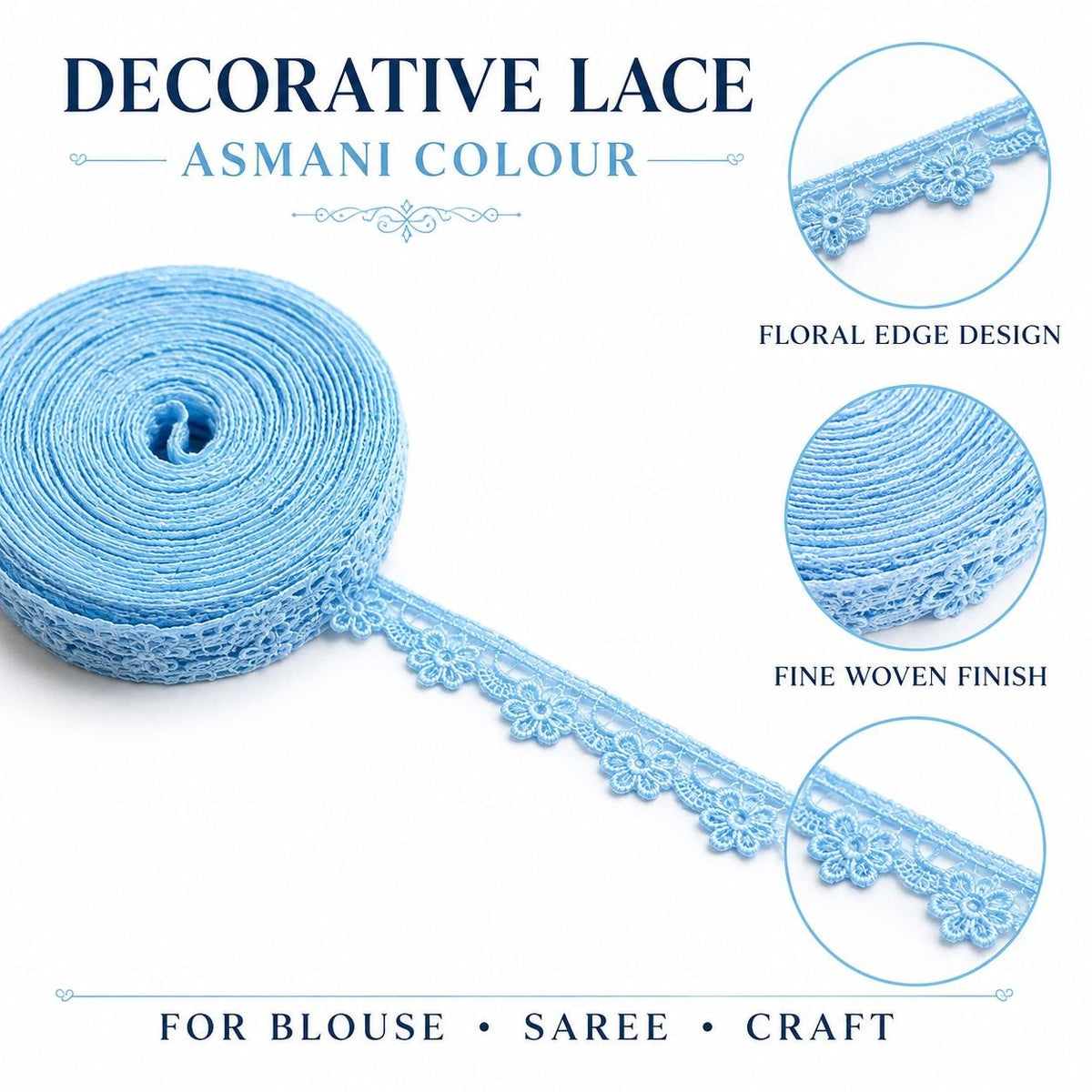 18 Meter Asmani Blue Floral Decorative Lace Trim for Blouse, Saree, Kurti, Lehenga, Dupatta & Craft Work