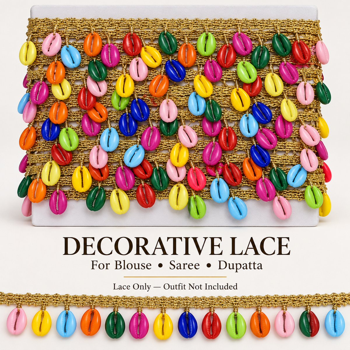 Multicolour Cowrie Shell Hanging Lace with Golden Border for Saree, Blouse & Dupatta – 7 Meter