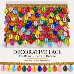 Multicolour Cowrie Shell Hanging Lace with Golden Border for Saree, Blouse & Dupatta – 7 Meter