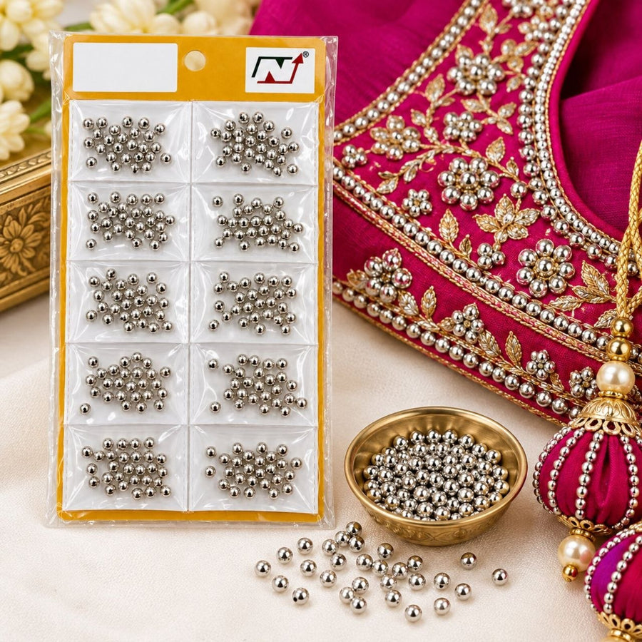 Moti No. 3 Silver Beads for Blouse, Latkan, Embroidery & Craft – Pack of 10 Packets