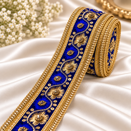 Premium Royal Blue & Gold Floral Embroidery Lace Border with Sequin Work for Saree, Lehenga, Blouse, Dupatta & Bridal Dress – 9 Meter