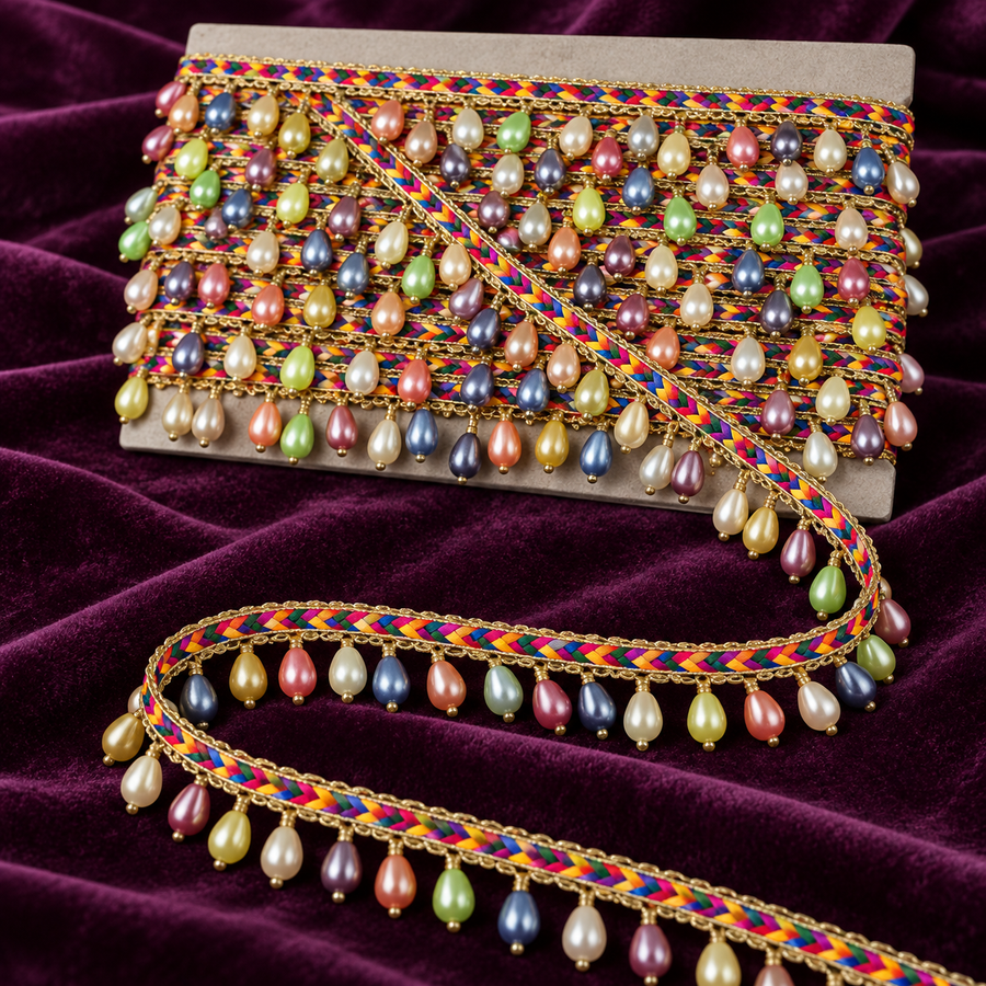 Multicolour Pearl Drop Hanging Lace Border – 9 Meter | Rainbow Braided Designer Moti Latkan Lace for Saree, Blouse, Dupatta & Lehenga