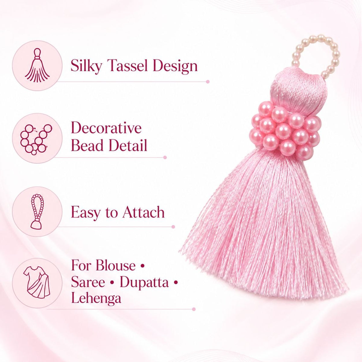 Premium Baby Pink Silk Thread Tassel Latkan with Decorative Pearl Beads for Blouse, Saree, Lehenga & Dupatta – Designer Hanging Tassels