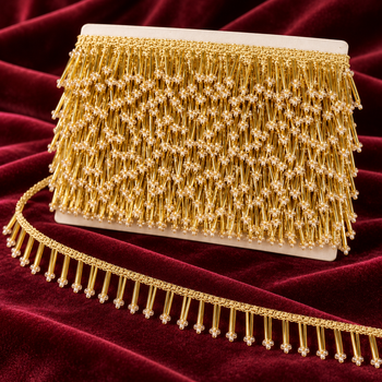 Premium Golden Bugle Bead Fringe Lace Border – 9 Meter | Designer Hanging Pearl Tip Lace for Saree, Blouse, Dupatta & Lehenga