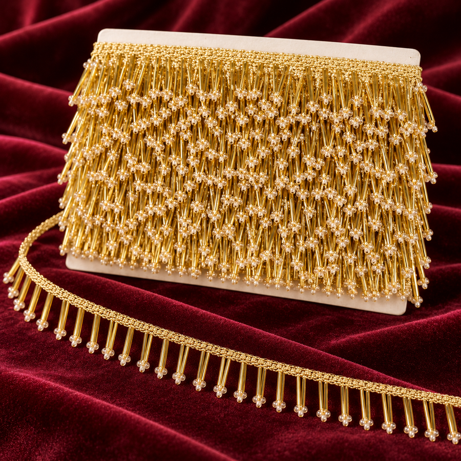 Premium Golden Bugle Bead Fringe Lace Border – 9 Meter | Designer Hanging Pearl Tip Lace for Saree, Blouse, Dupatta & Lehenga