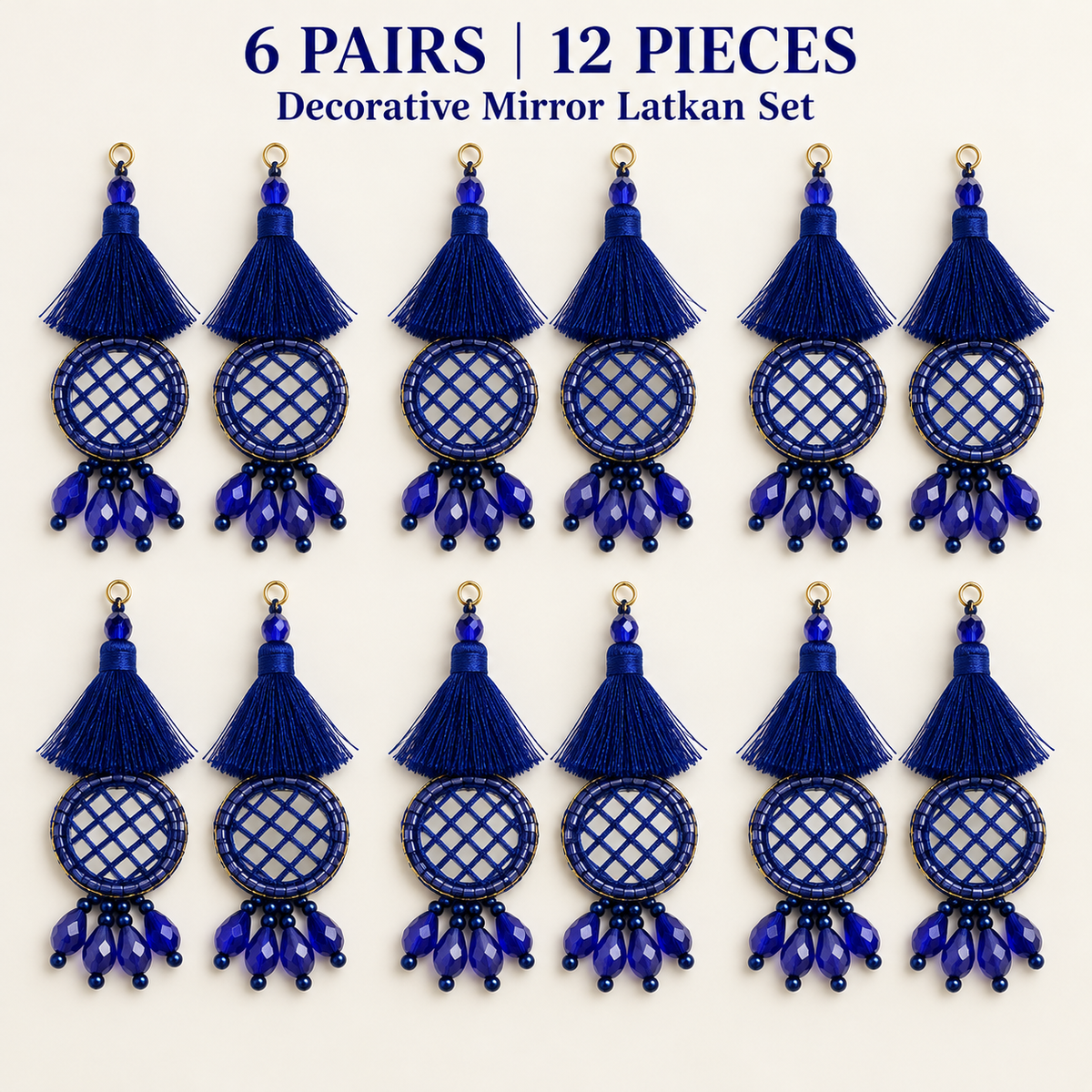 Royal Blue Mirror Work Designer Latkan for Blouse & Lehenga Dori | Silk Thread Tassels with Round Mirror Jali & Crystal Bead Hanging | Pack of 12 Pieces (6 Pairs)