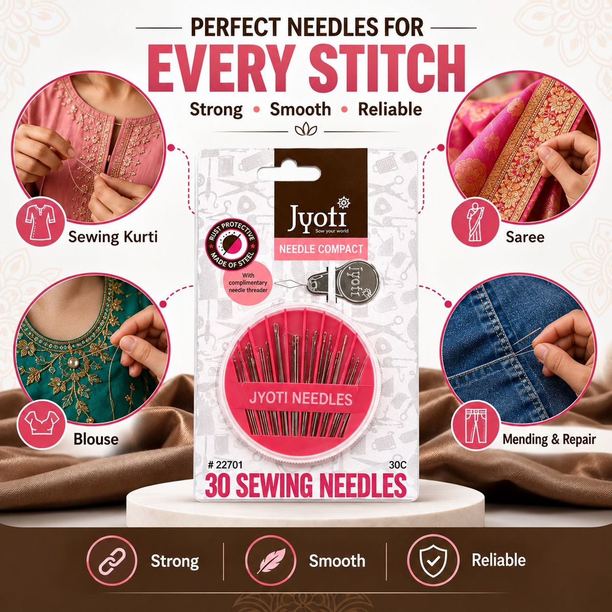 30 Piece Hand Sewing Needle Compact Set with Needle Threader & Cutter – Assorted Sizes