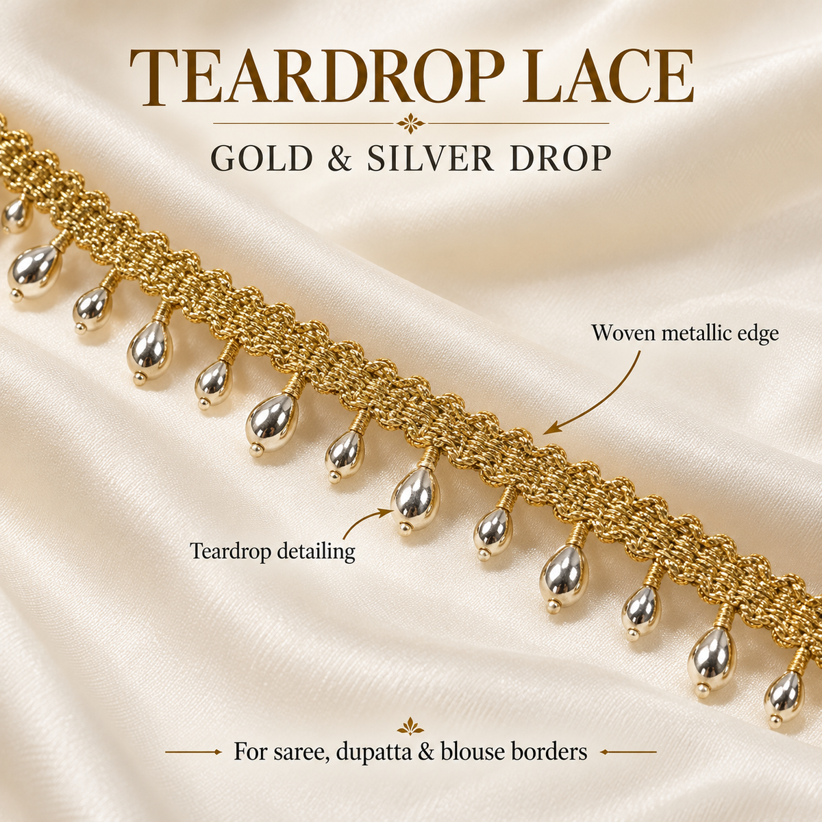 Premium Gold & Silver Teardrop Hanging Lace Border – 9 Meter | Designer Metallic Moti Latkan Lace for Saree, Blouse, Dupatta & Lehenga