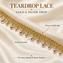 Premium Gold & Silver Teardrop Hanging Lace Border – 9 Meter | Designer Metallic Moti Latkan Lace for Saree, Blouse, Dupatta & Lehenga
