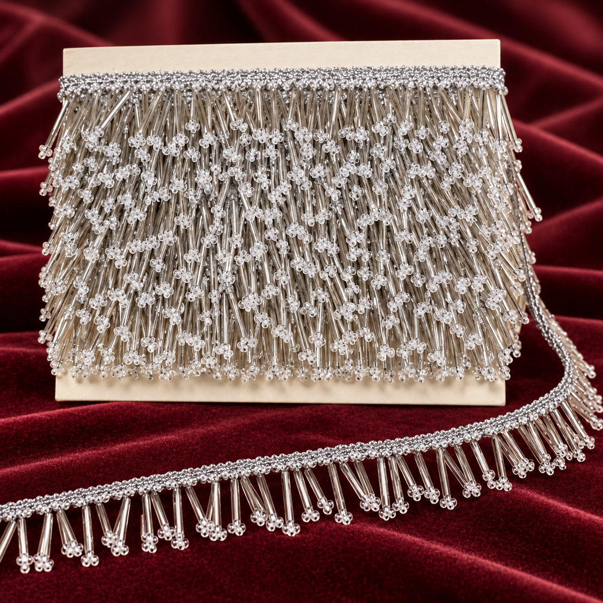 Premium Silver Bugle Bead Fringe Lace Border – 9 Meter | Designer Hanging Tube Bead Lace for Saree, Blouse, Dupatta & Lehenga