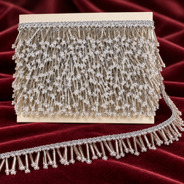 Premium Silver Bugle Bead Fringe Lace Border – 9 Meter | Designer Hanging Tube Bead Lace for Saree, Blouse, Dupatta & Lehenga