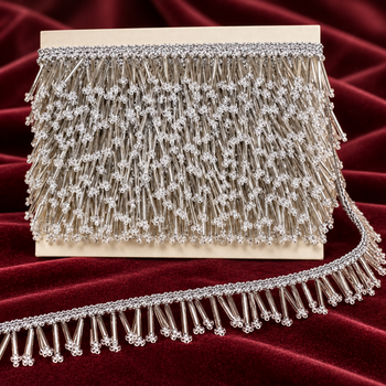 Premium Silver Bugle Bead Fringe Lace Border – 9 Meter | Designer Hanging Tube Bead Lace for Saree, Blouse, Dupatta & Lehenga