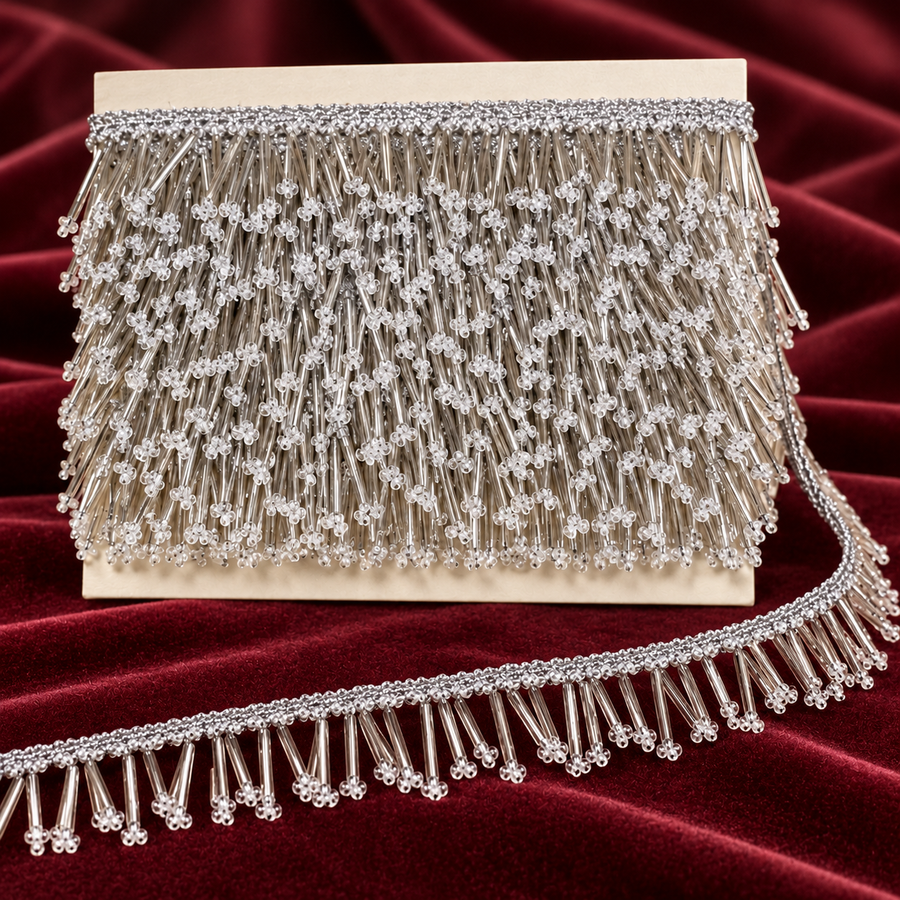 Premium Silver Bugle Bead Fringe Lace Border – 9 Meter | Designer Hanging Tube Bead Lace for Saree, Blouse, Dupatta & Lehenga