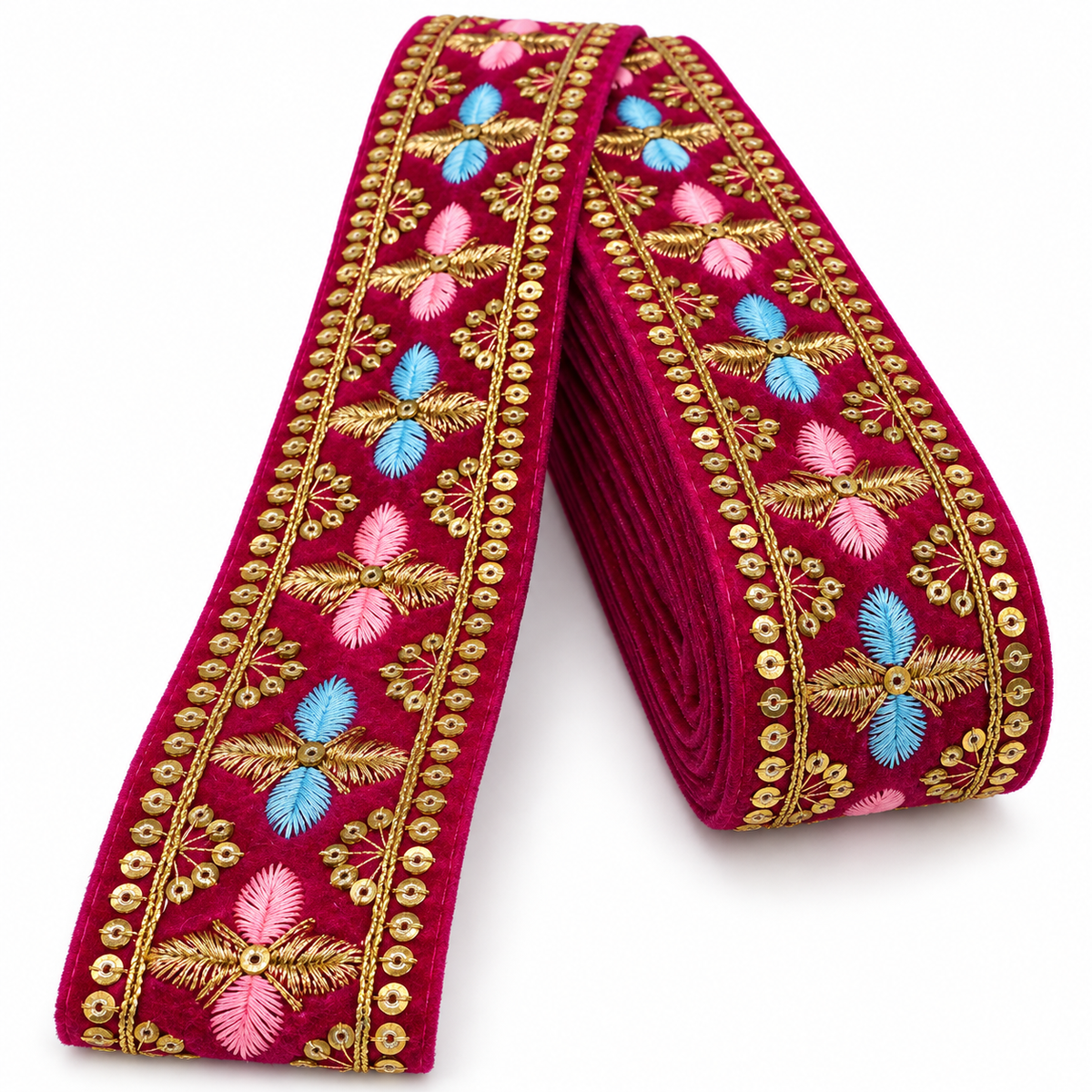 Premium Rani Pink Velvet Floral Embroidered Lace Border with Golden Zari & Sequin Work for Saree, Blouse, Dupatta, Lehenga & Kurti – 9 Meter