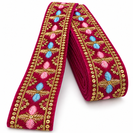 Premium Rani Pink Velvet Floral Embroidered Lace Border with Golden Zari & Sequin Work for Saree, Blouse, Dupatta, Lehenga & Kurti – 9 Meter