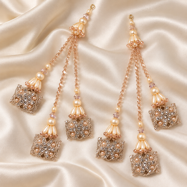 Champagne Peach Pearl & Crystal Designer Latkan for Bridal Blouse & Lehenga Dori | 3 Strand Hanging Jhumka Tassels with Pearl & Stone Work | Pack of 6 Pieces (3 Pairs)