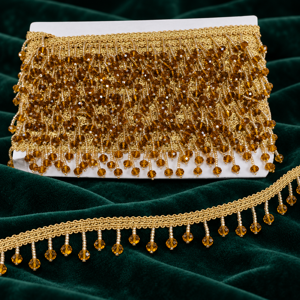 Premium Amber Golden Crystal Beaded Fringe Lace Border – 9 Meter | Designer Hanging Moti Lace for Saree, Dupatta, Blouse & Lehenga
