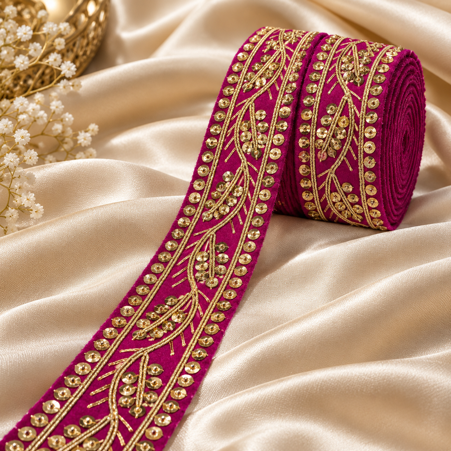 Premium Rani Pink Velvet Lace Border with Golden Sequin & Vine Embroidery Work for Saree, Blouse, Lehenga, Dupatta & Kurti