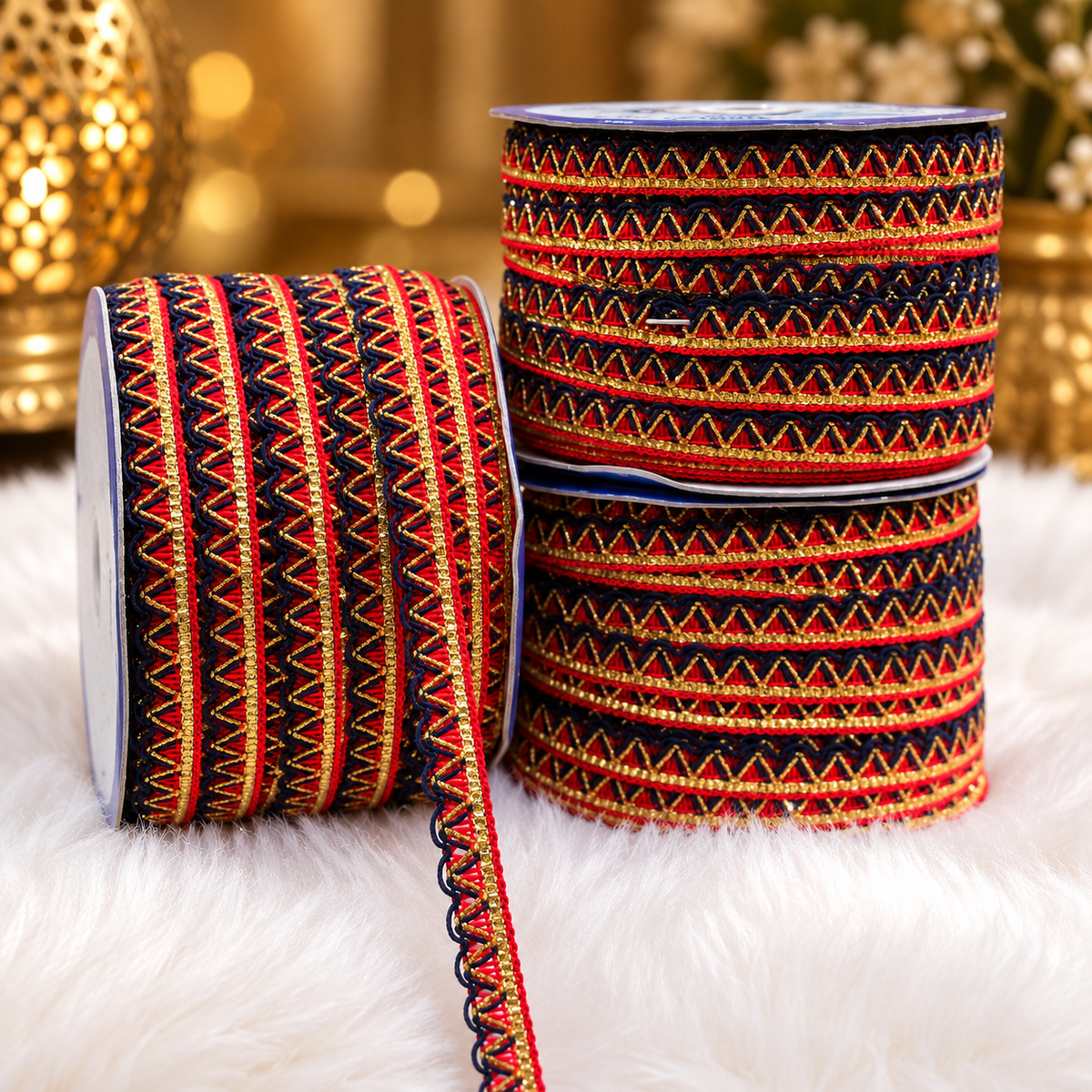 Red Navy Blue Golden Designer Zigzag Lace Border for Saree, Blouse, Dupatta & Lehenga | Decorative Ethnic Lace Trim | Pack of 3 Rolls – 18 Meter