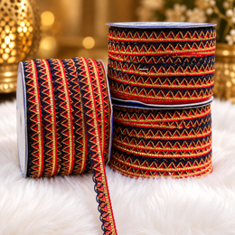 Red Navy Blue Golden Designer Zigzag Lace Border for Saree, Blouse, Dupatta & Lehenga | Decorative Ethnic Lace Trim | Pack of 3 Rolls – 18 Meter