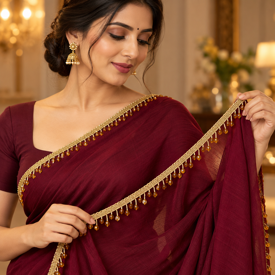 Premium Amber Golden Crystal Beaded Fringe Lace Border – 9 Meter | Designer Hanging Moti Lace for Saree, Dupatta, Blouse & Lehenga