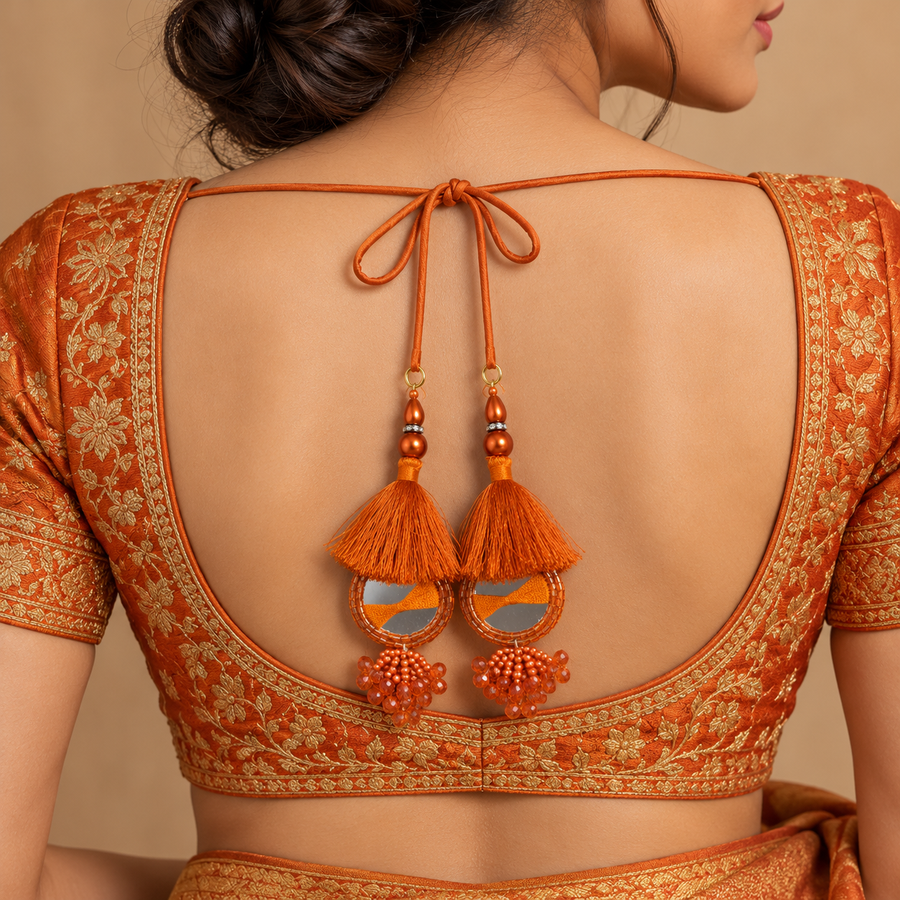 Orange Mirror Work Designer Latkan for Blouse & Lehenga Dori | Orange Silk Thread Tassel with Round Mirror, Pearl & Crystal Bead Hanging | Pack of 12 Pieces (6 Pairs)