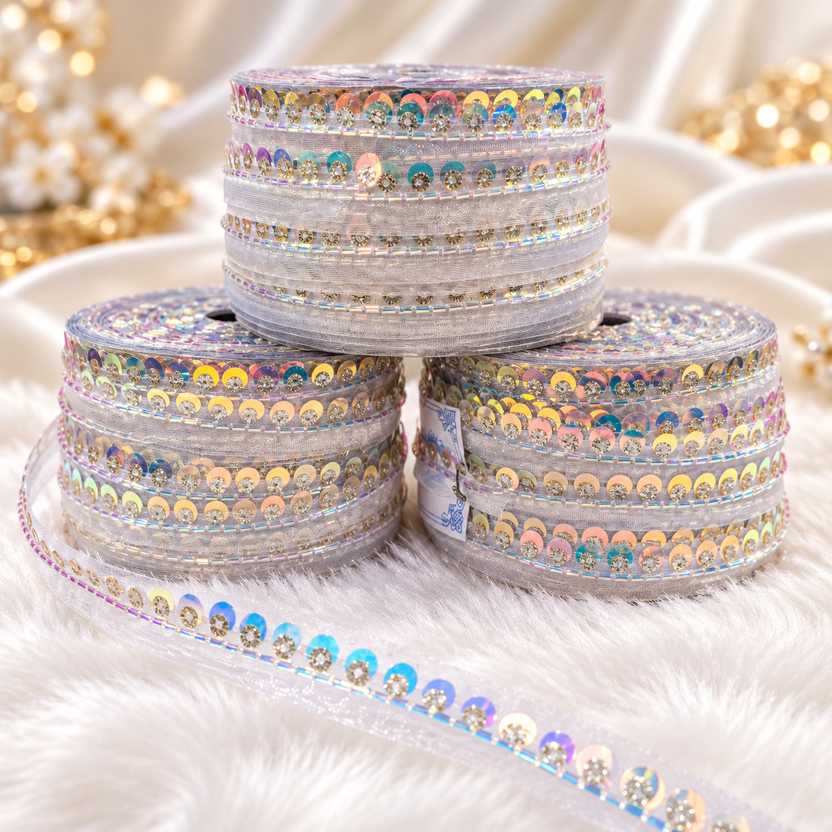 Silver Iridescent Sequin & Bead Work Lace Border for Saree, Blouse & Dupatta – Pack of 3 Rolls, 9 Meters Each