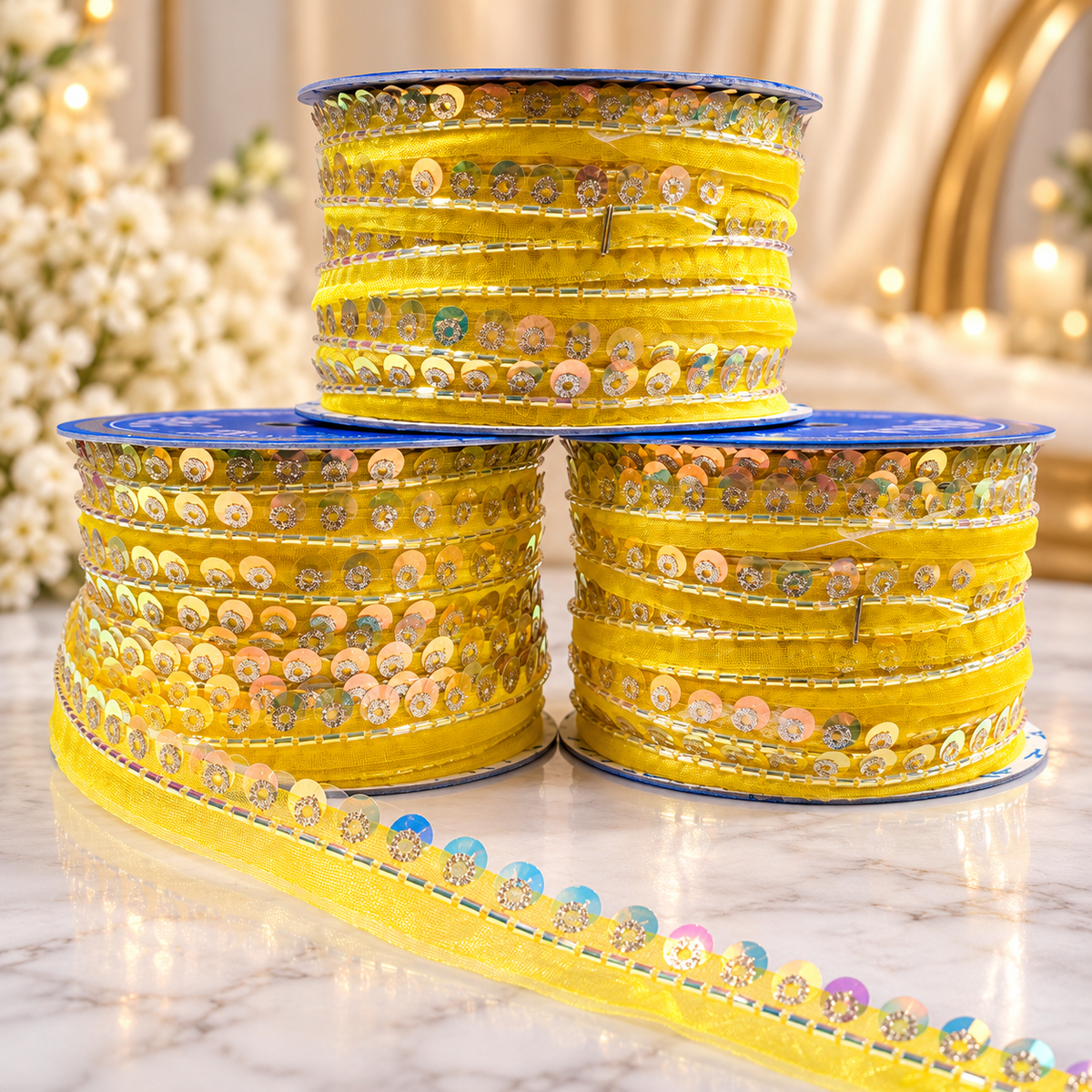 Yellow Sequin & Bead Work Decorative Lace Border for Saree, Blouse & Dupatta – Pack of 3 Rolls, 9 Meters Each