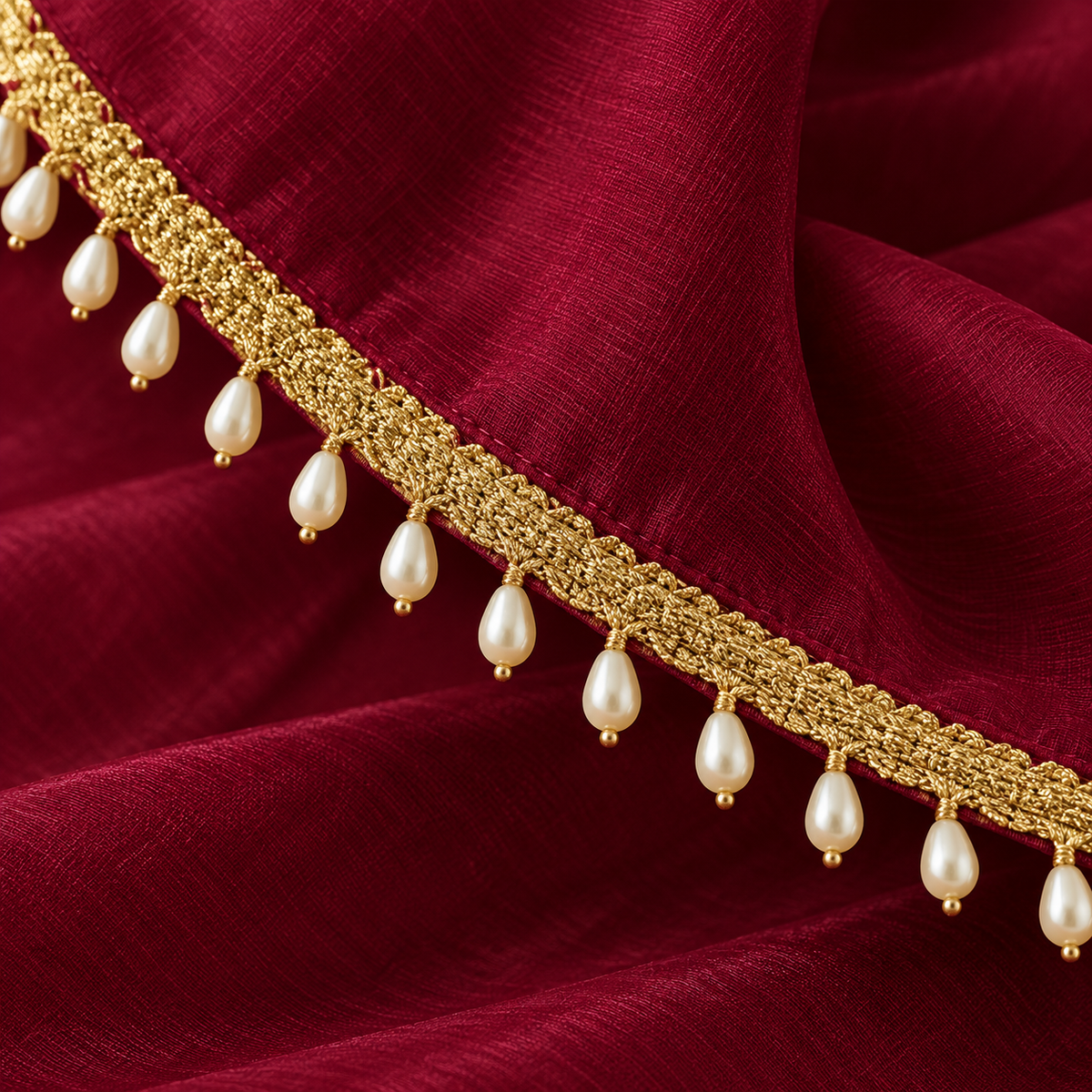 Premium Gold & White Pearl Teardrop Hanging Lace Border – 9 Meter | Designer Pearl Latkan Lace for Saree, Blouse, Dupatta & Lehenga