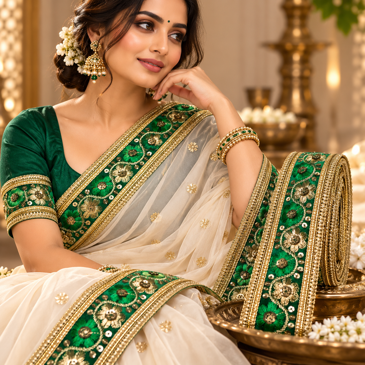 Premium Green & Gold Floral Embroidery Designer Lace Border with Sequin Work for Saree, Blouse, Lehenga, Dupatta & Bridal Wear – 9 Meter Roll