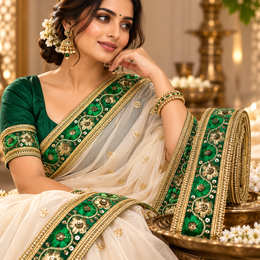 Premium Green & Gold Floral Embroidery Designer Lace Border with Sequin Work for Saree, Blouse, Lehenga, Dupatta & Bridal Wear – 9 Meter Roll
