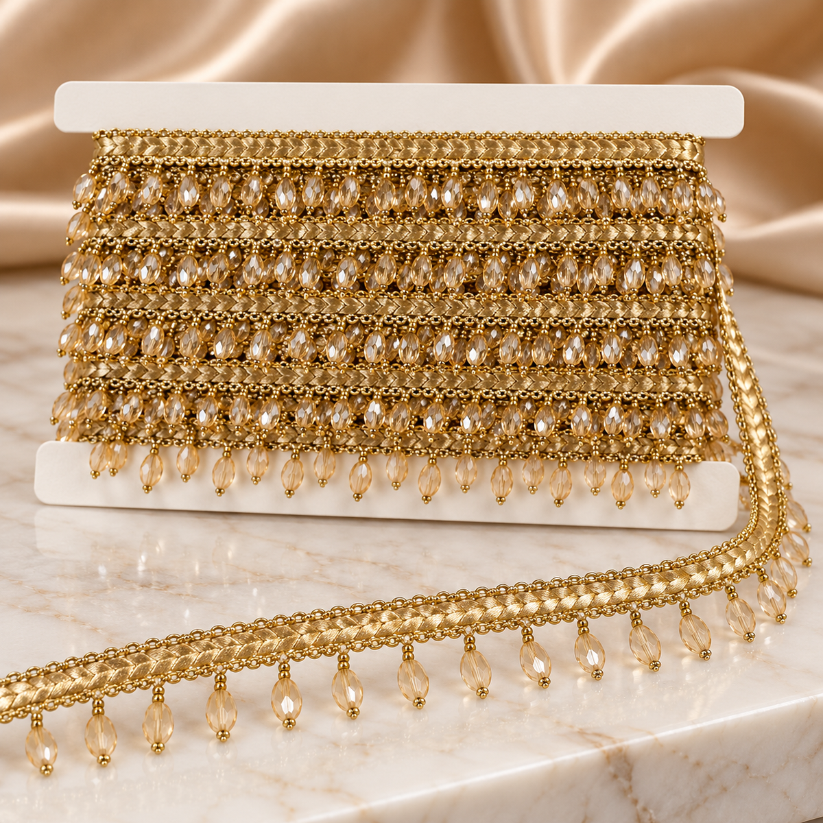 Premium Champagne Gold Oval Crystal Beaded Hanging Lace Border – 9 Meter | Designer Golden Fringe Lace for Saree, Dupatta, Blouse & Lehenga
