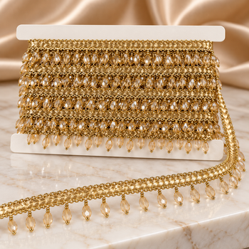 Premium Champagne Gold Oval Crystal Beaded Hanging Lace Border – 9 Meter | Designer Golden Fringe Lace for Saree, Dupatta, Blouse & Lehenga