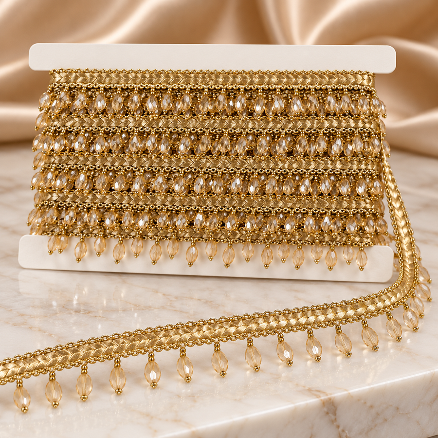 Premium Champagne Gold Oval Crystal Beaded Hanging Lace Border – 9 Meter | Designer Golden Fringe Lace for Saree, Dupatta, Blouse & Lehenga