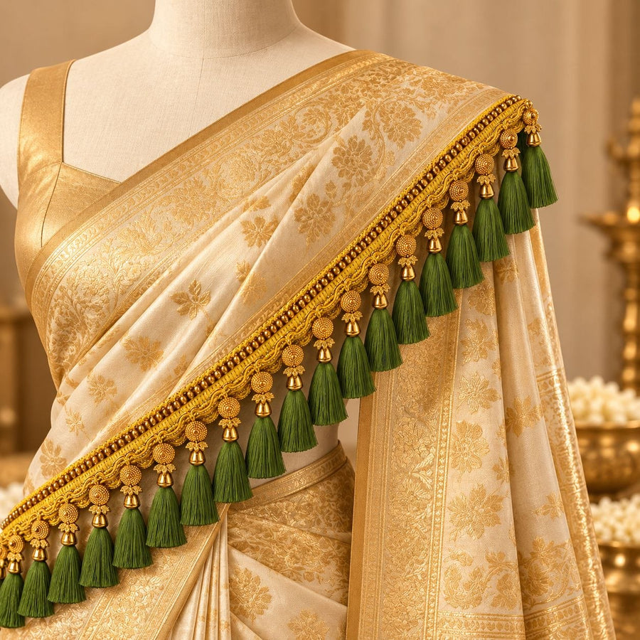 Premium Golden Saree Pallu Latkan Lace with Mehndi Green Tassels – 1.25 Metre Designer Decorative Border