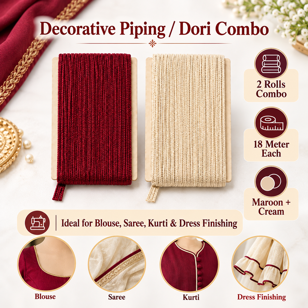 Maroon Cream Decorative Piping Dori Combo for Blouse, Saree, Kurti & Dress Finishing | 18 Meter Each Roll | Pack of 2