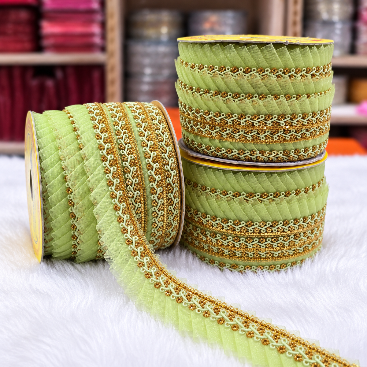 Pista Green & Gold Pleated Frill Lace Border for Saree, Blouse & Dupatta – Pack of 3 Rolls