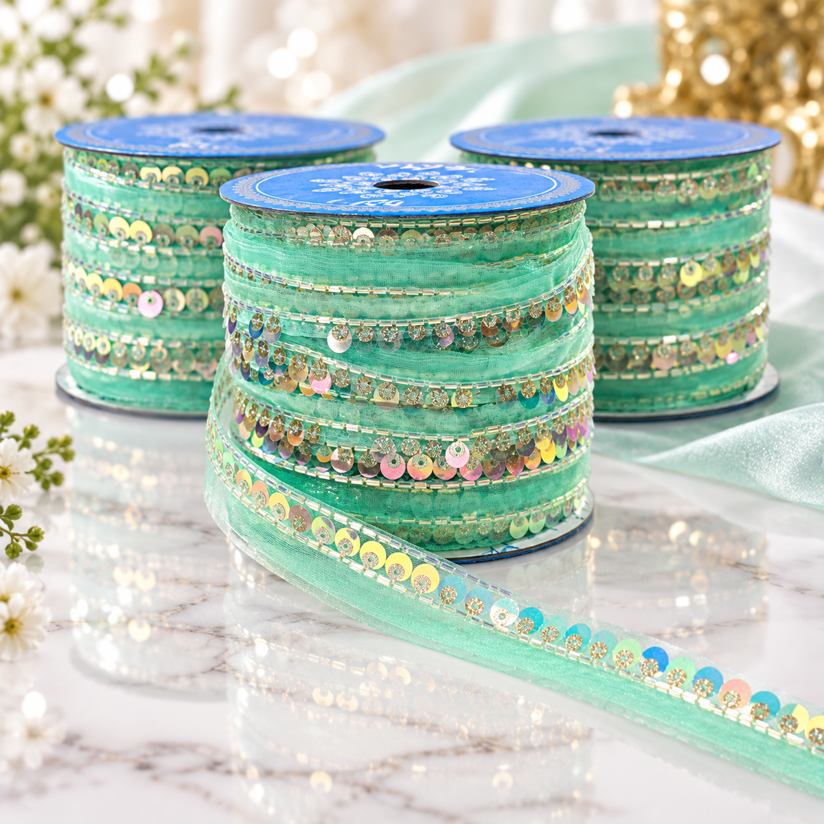 Mint Green Sequin & Bead Work Lace Border for Saree, Blouse & Dupatta – Pack of 3 Rolls, 9 Meters Each