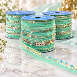 Mint Green Sequin & Bead Work Lace Border for Saree, Blouse & Dupatta – Pack of 3 Rolls, 9 Meters Each