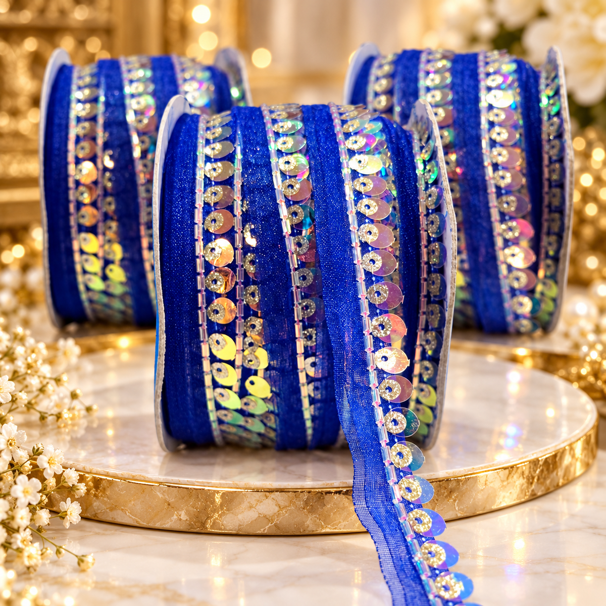Royal Blue Sequin & Bead Work Decorative Lace Border for Saree, Blouse & Dupatta – Pack of 3 Rolls, 9 Meters Each