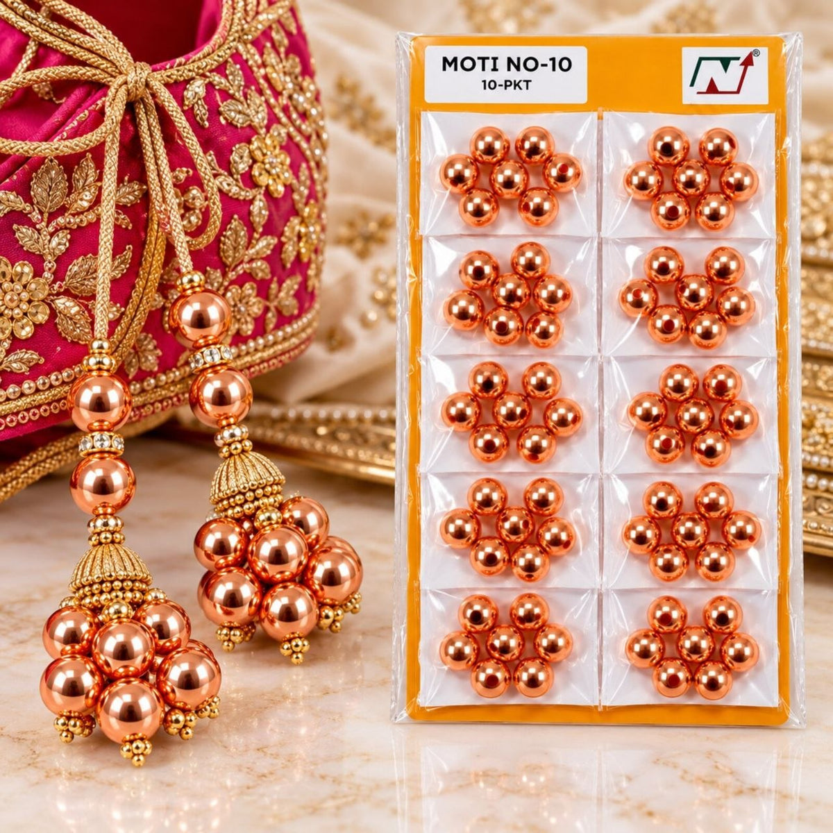Moti No. 10 Copper Beads for Latkan, Blouse, Lehenga & Craft – Pack of 10 Packets