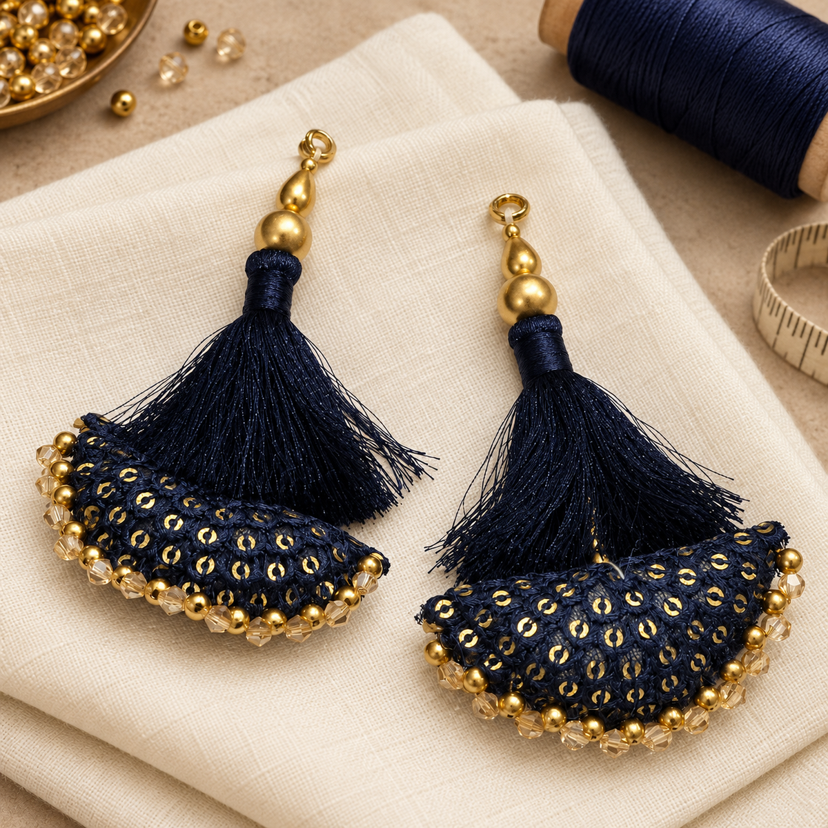 Designer Navy Blue Blouse & Lehenga Latkan with Golden Beads and Sequin Work – Pack of 12 Pieces (6 Pairs)