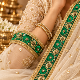 Premium Green & Gold Floral Embroidery Designer Lace Border with Sequin Work for Saree, Blouse, Lehenga, Dupatta & Bridal Wear – 9 Meter Roll