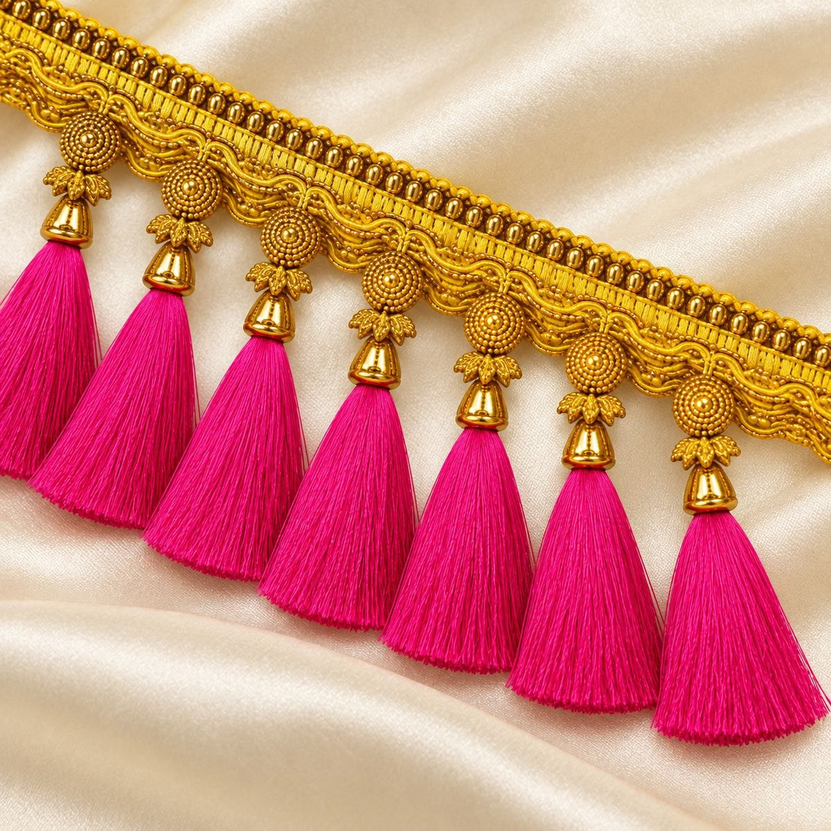 Premium Golden Saree Pallu Latkan Lace with Rani Pink Tassels – 1.25 Metre Designer Decorative Border