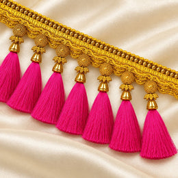 Premium Golden Saree Pallu Latkan Lace with Rani Pink Tassels – 1.25 Metre Designer Decorative Border